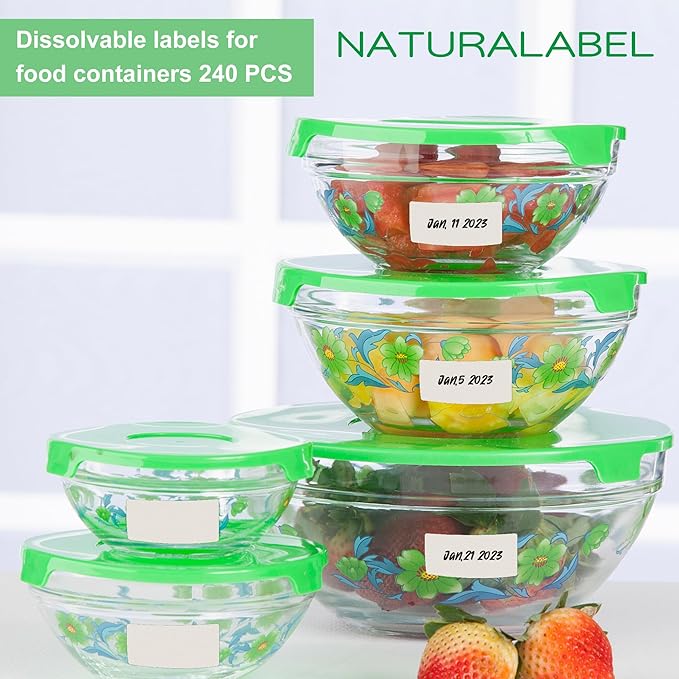 NATURALABEL 240 PCS Blank Dissolvable Food Labels - No Residue, for Meal Prep & Food Storage Containers (1" x 2")