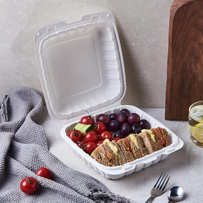 FULING [8x8-Inch, 50 Pieces Disposable To Go Box Containers, Plastic Clamshell Takeout Food Trays, Microwave Safe, Cut Resistantstable Hinged Lid, Hybrid Polypropylene, White