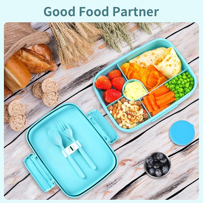Bento Lunch Box with Kids/Adults, 5 Compartments Leakproof Lunch Container with Dressing Cup, Eco-Friendly Double Insulated Boxes, Dishwasher and Microwave Safe, BPA-Free (blue)