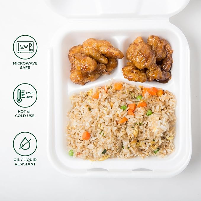 Freshware Clamshell Food Containers with Lids [8x8] 3-Compartment 50-Pack, Disposable To Go Containers, Biodegradable Sugarcane To Go Boxes - Paper Containers - Microwave & Freezer Safe, Stackable