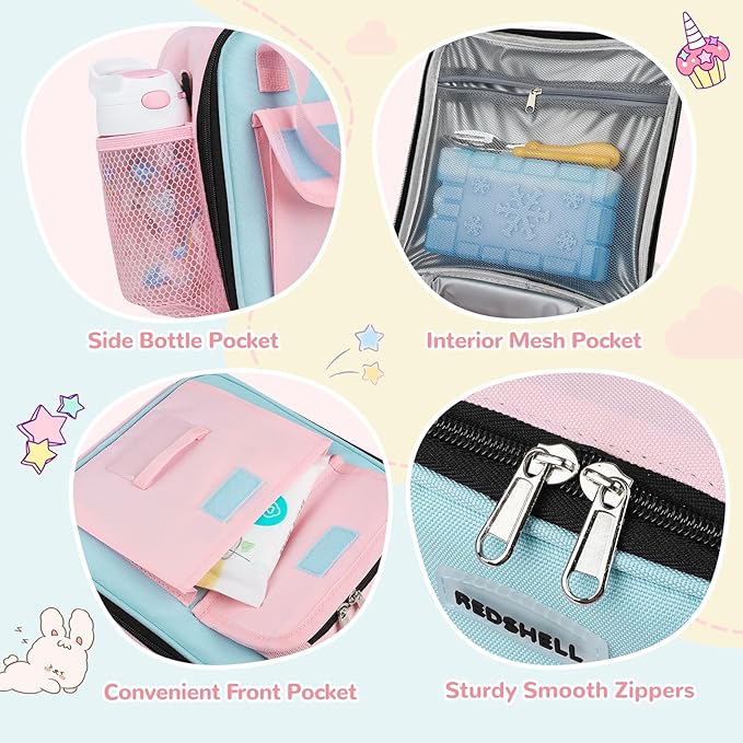 REDSHELL Tactical Lunch Box Kids, Large Insulated Lunch Bag for Girls, Cooler Lunchbag, Square Toddler Lunchbox, Back to School Daycare Lunch Tote Pail with Water Bottle Holder Shoulder Strap, Pink