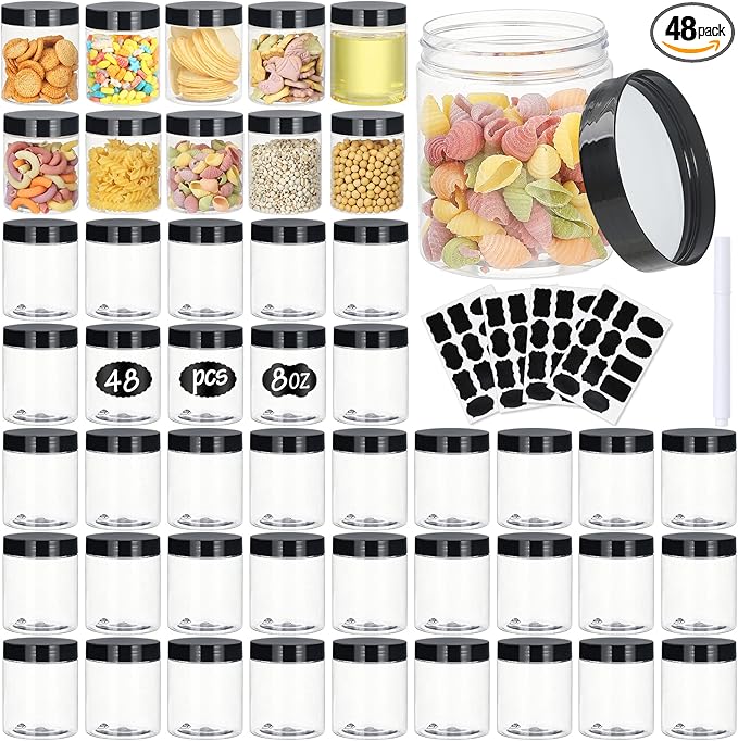 Jars with Lids, 48pcs 8 oz Plastic Containers with Lids Pen Labels Leak Proof BPA Free Airtight Refillable Clear Small Containers Storage Jars for Storing Dry Food Makeup Slime Honey Jam (8oz Black
