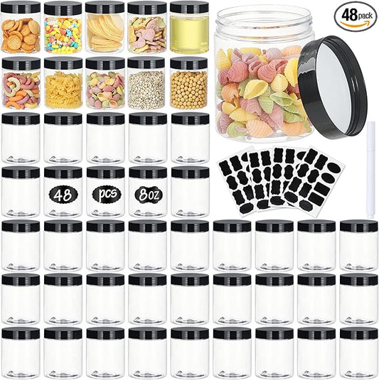 Jars with Lids, 48pcs 8 oz Plastic Containers with Lids Pen Labels Leak Proof BPA Free Airtight Refillable Clear Small Containers Storage Jars for Storing Dry Food Makeup Slime Honey Jam (8oz Black