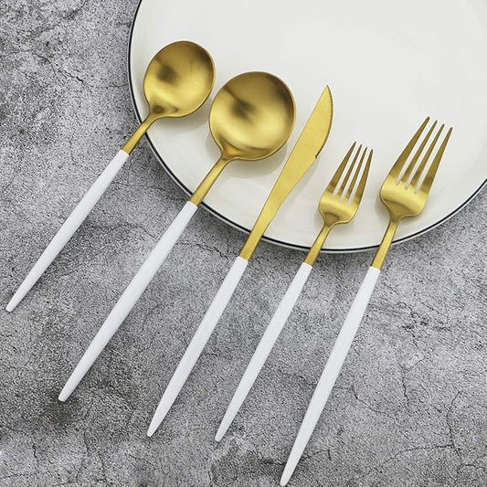 20-Piece 18/10 Stainless Steel Flatware Silverware, Luxury Dinnerware Set Travel Cutlery Tableware Include Knife Fork Spoon Service for 4, Dishwasher Safe (White Handle Matte Gold)
