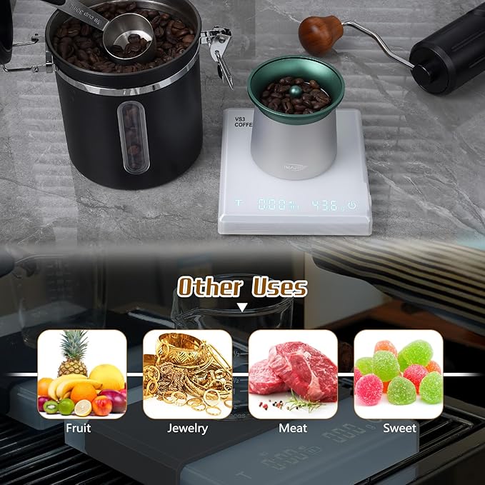 IKAPE Digital Coffee Scale with Timer, 2kg/0.1g High Precision Rechargeable Drip Espresso Scale with Tare Function, LED Display(White)