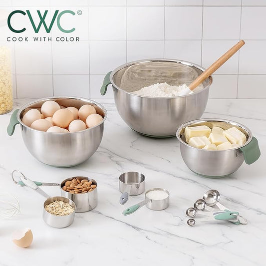COOK WITH COLOR Stainless Steel Mixing Bowls Set and Measuring Cups- Nesting Bowls with Non-Slip Bottom and Easy-Grip Handles, Sage, 11 Pieces