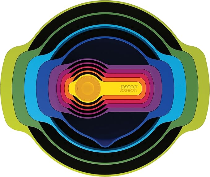 Joseph Joseph Nest 9 Plus, 9 Piece Compact Food Preparation Set with Mixing Bowls, Measuring cups, Sieve and Colander, MultiColor