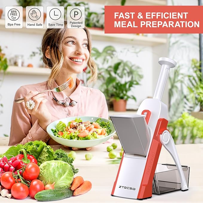5 in 1 Safe Mandoline Slicer for Kitchen, Safe Vegetable Chopper, Paring Knife, Adjustable Thickness, Easy to Clean, Vegetable Slicer, Slicing, Strips, Shredding, Dicing,Chop (Tropical Orange)