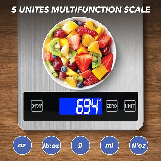 33lb Food Kitchen Digital Scale,1g/0.05oz Precise Graduation, USB Charging Kitchen Scale, Waterproof Stainless Steel with LCD Display, Ounces and Grams for Weight Loss, Cooking, Baking (Silvery)
