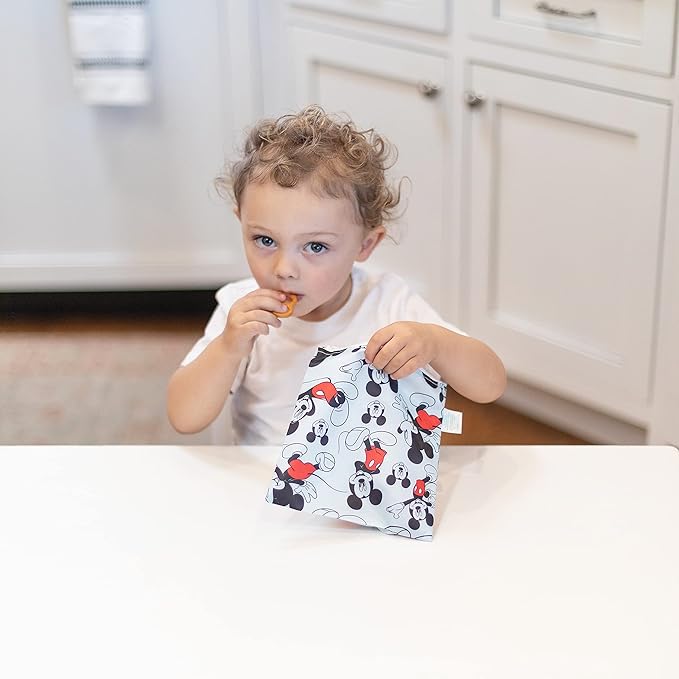 Bumkins Disney Reusable Sandwich and Snack Bags, for Kids School Lunch and for Adults Portion, Washable Fabric, Waterproof Cloth Zip Bag, Travel Pouch, Food-Safe, Large, Mickey Mouse Classic