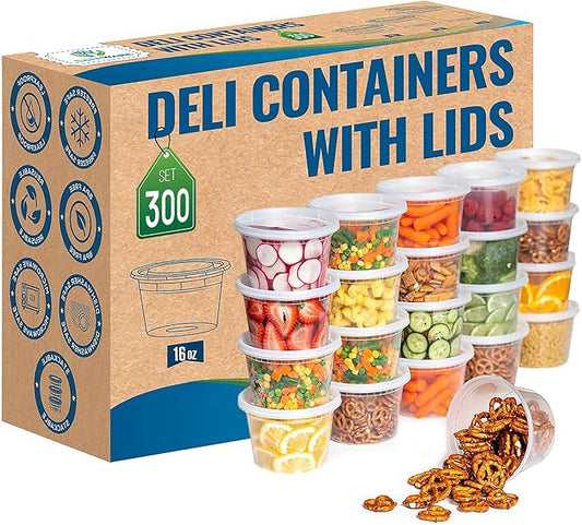 Deli Plastic Food Containers with Airtight Lids, Leakproof Slime Small Combo Pack [Reusable, Storage, Disposable, Meal Prep, Soup, Microwaveable & Freezer Safe] (16oz-300 Set)
