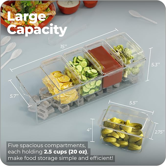 Prime Home Direct Ice Chilled Condiment Caddy | 5 Containers & 5 Lids | BPA Free | Hosting Party Supplies Serving Tray Platter | Buffet, Food Server, Fruit, Garnish, Mimosa, Salad, Taco Bar Organizer
