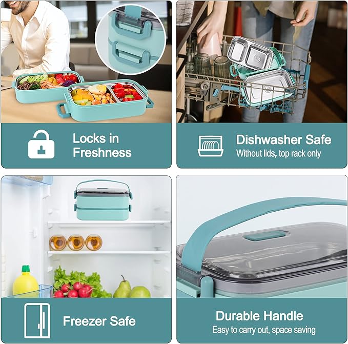 Stainless Steel Bento Box for Adults&Kids,Japanese Leakproof Lunch Box Divided Food Meal Storage Containers Set Stackable 2 Layer for Children School Picnic Matcha Green