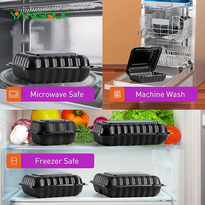 YANGRUI To Go Containers, Reusable Shrink Wrap 34 OZ 55 Pack 8 Inch Plastic Hinged Take Out Boxes BPA Free Microwave Freezer Safe MFPP Clamshell Food Container