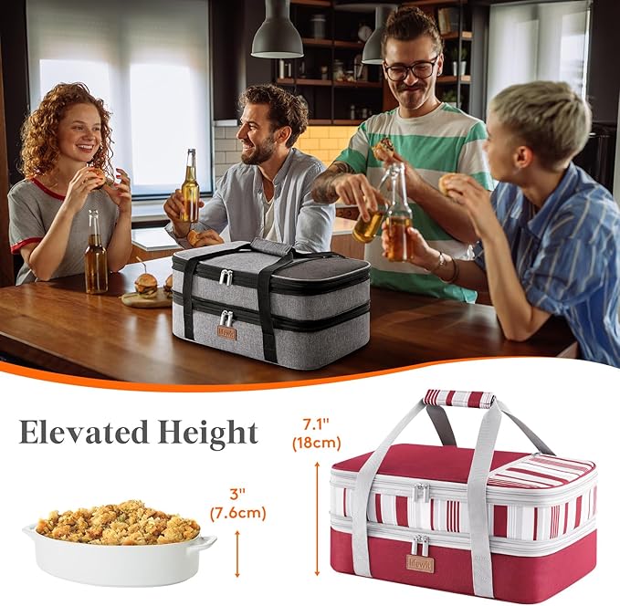 Lifewit Expandable Insulated Casserole Carrier for Hot or Cold Food, Double Decker Food Bag Lasagna Holder Carry Tote for Potluck Parties/Picnic/Cookouts, Fits 9"x13" Baking Dish, Red