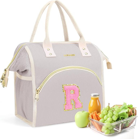 Personalized Initials Lunch Box for Women& Men, Preppy Reusable 10 L Insulated Lunch Bag, Leakproof Large Adults lunch tote Cooler Bags Insulated for Beach,Travel,Work, Picnic-Birthday Gifts（Gray R）