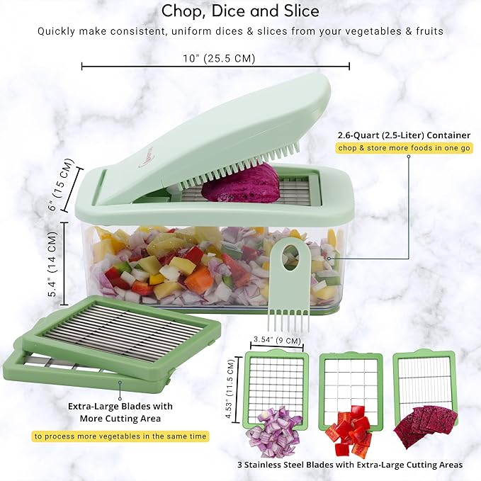 Brieftons QuickPush Food Chopper: Vegetable Dicer Slicer, Onion Cutter, 3 Extra-Large Blades with 200% More Cutting Area to Chop Dice Slice Vegetables, 2.6-Quart Container