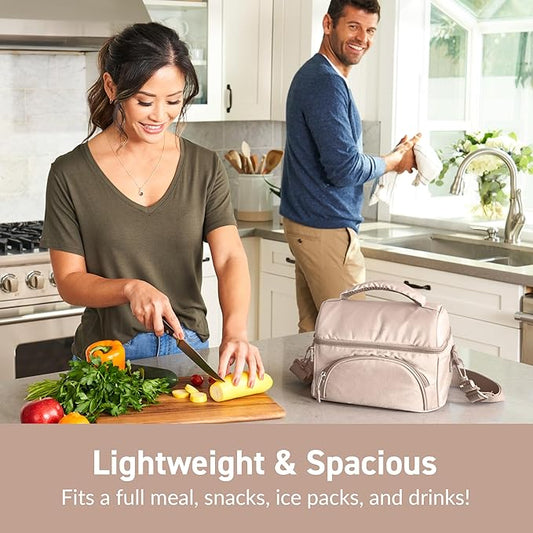Bentgo Deluxe Lunch Bag - Durable and Insulated Lunch Tote with Zippered Outer Pocket, Internal Mesh Pocket, Padded & Adjustable Straps, & 2-Way Zippers - Fits Most Lunch Boxes (Sand)