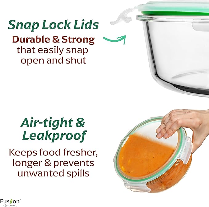 Fusion Gourmet Round Glass Storage Containers with Lids [6 pack] Microwave Safe, Leak-proof, Dishwasher Safe, Oven Safe for Meal Prep Tupperware Set (3 Large + 3 Small, Green)