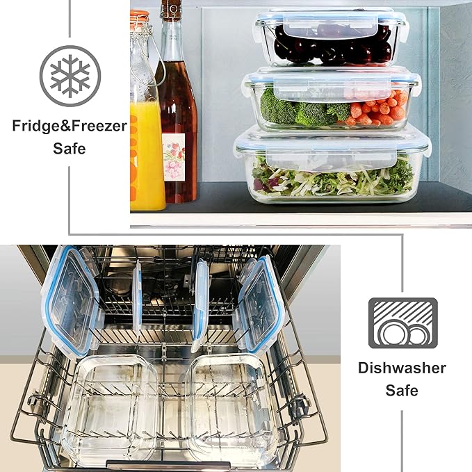 Glass Food Storage Containers Set, Large Size Containers with Lids, BPA-free Locking lids, 100% Leak Proof Glass Meal Prep Containers, Freezer to Oven Safe (2 Pack of 80oz)
