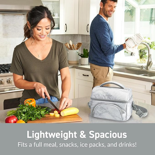 Bentgo Deluxe Lunch Bag - Durable and Insulated Lunch Tote with Zippered Outer Pocket, Internal Mesh Pocket, Padded & Adjustable Straps, & 2-Way Zippers - Fits Most Lunch Boxes (White Marble)
