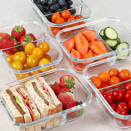 30 oz 5 Pack Glass Meal Prep Containers 2 Compartments, Glass Food Storage Containers with Lids, Airtight Glass Lunch Box, Microwave, Oven and Freezer Safe, Green