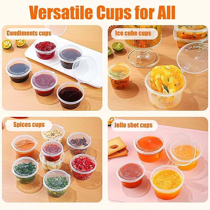 50 Sets 1 2/3 oz Round Shaped Jello Shot Cups with Lids, Small Condiment Containers, Disposable Portion Cups, Plastic Souffle Cup, Mini Sample Tasting Dipping Sauce Cup To Go Bowls, Clear