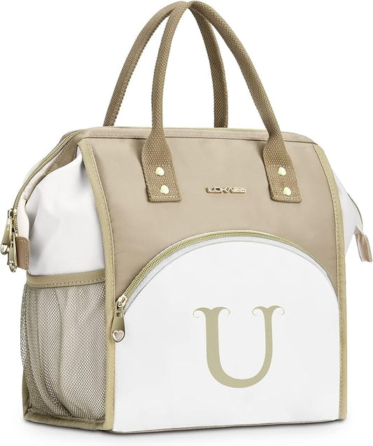 Personalized Lunch Box for Women, Reusable Insulated Lunch Bag, Wide-Open Adult Lunchbox Cooler Lunchbag Snack Organizer, Initial Leakproof Lunch Tote Bag for Picnic Work Outdoors, U