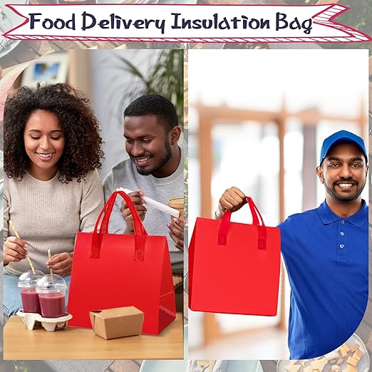 Kacctyen 100 Pcs Insulated Take Out Bags Bulk 9.5 x 6 x 9.5 in Thermal Insulation Food Bag for Coffee, Milk Tea, Hot Cold Food, Delivery Cooler Bag for Catering Restaurant Grocery Picnic (Red)