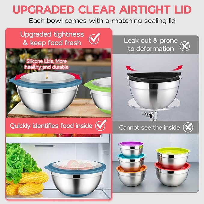 Colorful Mixing Bowl Set of 6 for Kitchen Large Stainless Steel Metal Nesting Mixing Bowls with Airtight Lids Non Slip - Size 1, 1.5, 2, 2.6, 3.5, 7QT