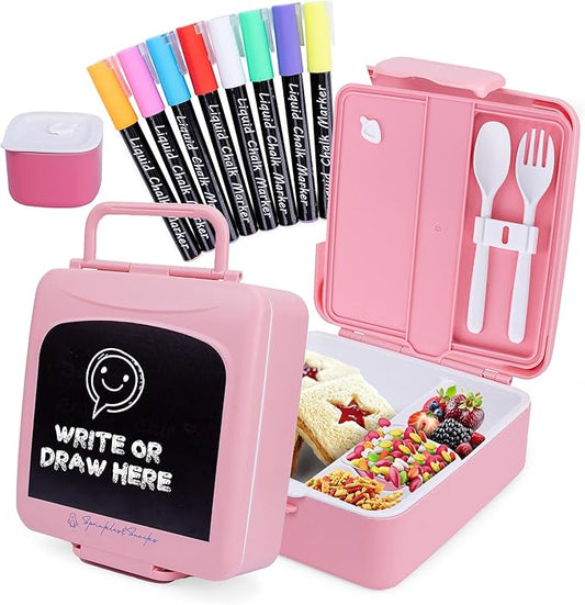 Chalkboard Kid Lunch Box for Girls & Boys - Leak-Proof Kids Lunchbox with Removable Compartment Tray, Lid Container & Utensils - BPA-Free Lunch Box Containers for Kids for School, Daycare - Pink