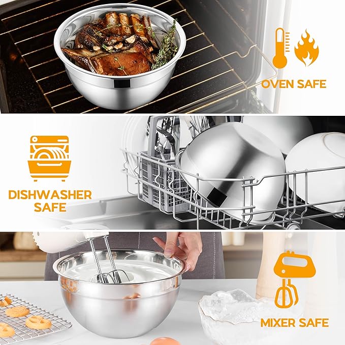 Mixing Bowl Set of 5 for Kitchen Stainless Steel Metal Nesting Mixing Bowls with Khaki Lids – Size 1.5, 2, 2.6, 3.5, 4.6QT