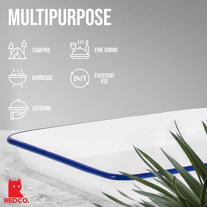 Red Co. 11" x 9" Enamelware Metal Classic 2 Quart Rectangular Serving Tray, Solid White/Navy Blue Rim