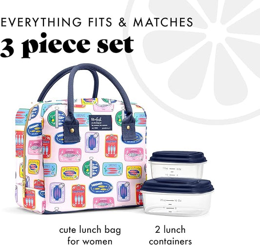 Fit & Fresh Lunch Bag For Women, Insulated Womens Lunch Bag For Work, Leak Resistant & Stain-Resistant Large Lunch Box For Women With Containers, Zipper Closure Bloomington Bag, Multicolored Sardines