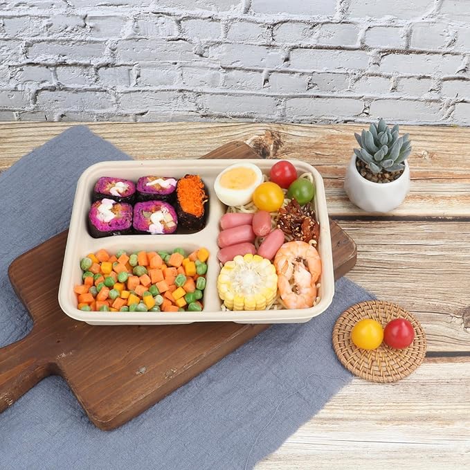 23 oz Sugarcane Fiber 3 Compartments disposable plates with Lids food container sets Plant Fibers Freezer Safe 50 Pack