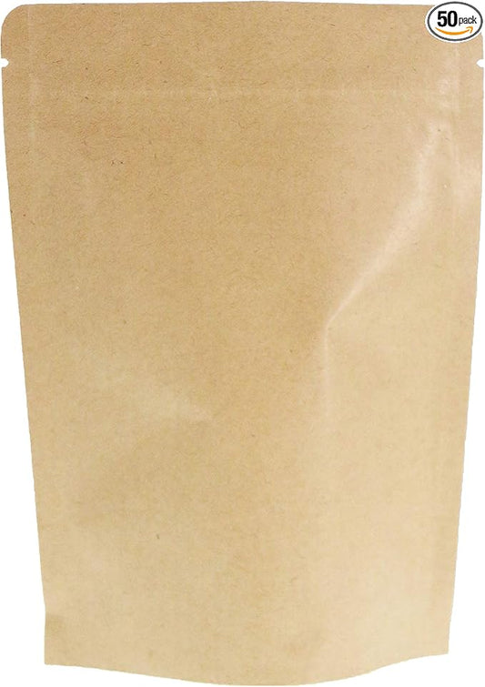 SumDirect Kraft Stand Up Pouches - 50 Pack 5x7 Inch Zipper Food Storage Reusable Bags with Foil Lined for Home or Business (Brown)