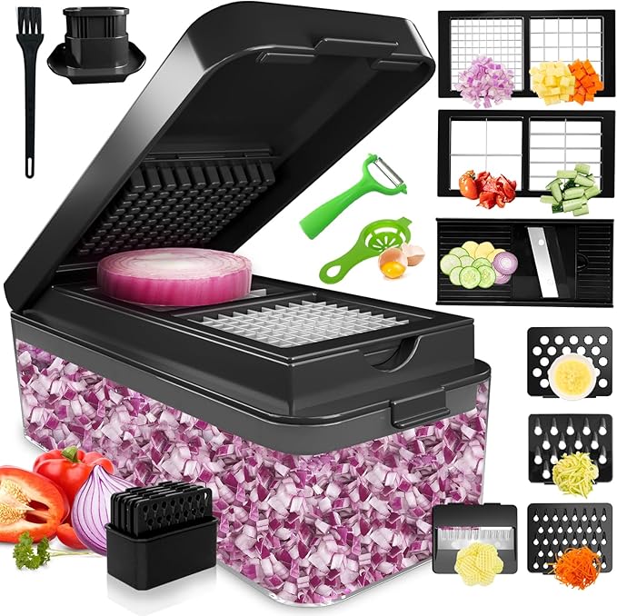 Vegetable Chopper, Onion Chopper Dicer, Mandoline Slicer, Food Chopper with Container, Vegetable Cutter for Salad Potato Carrot Garlic（9 Blades, Black）