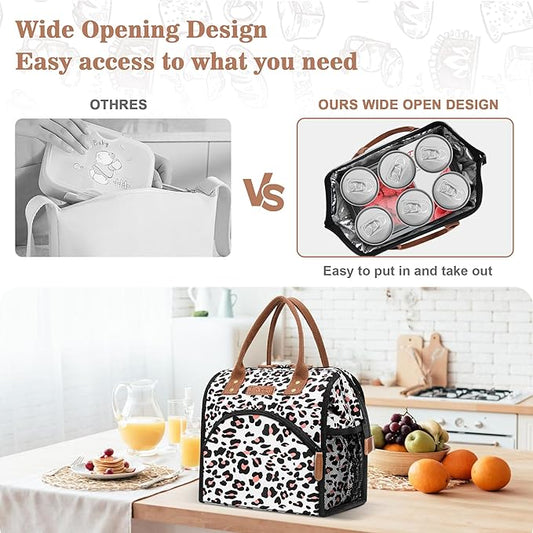 LOKASS Lunch Bag Women Insulated Lunch Box Wide-Open Lunch Tote Bag Large Cooler Bag for Work Picnic Hiking Beach Fishing（Leopard）