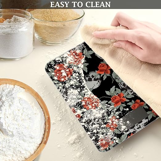 Food Scale Kitchen Digital Scale Food Ounces and Grams Dieting Baking Cooking Waterproof Glass Panels LCD Display,4 Units Scale Tare Function Red Rose Skull