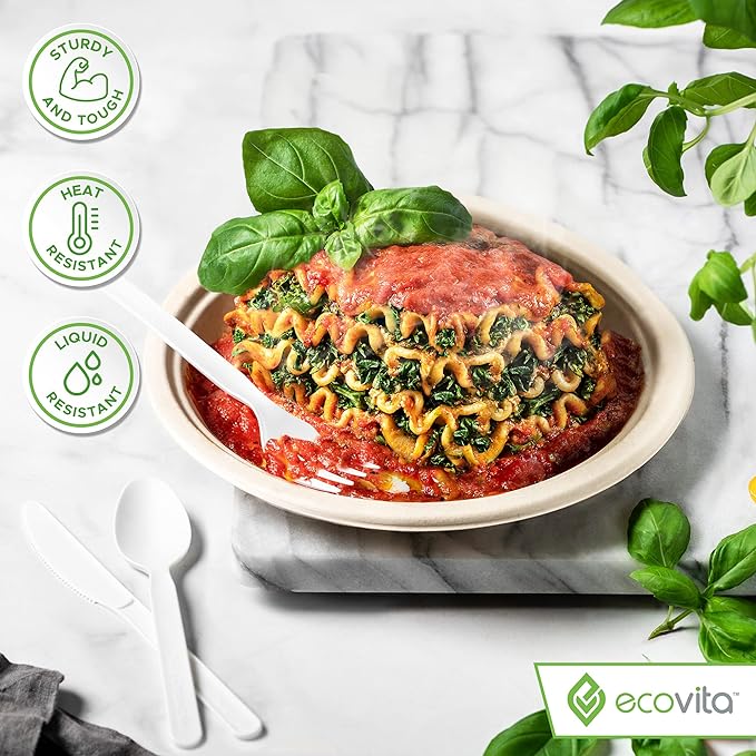 100% Compostable Knives - 500 Large Disposable Utensils (7 in.) Bulk Size Eco Friendly Durable and Heat Resistant Alternative to Plastic Knives with Convenient Tray