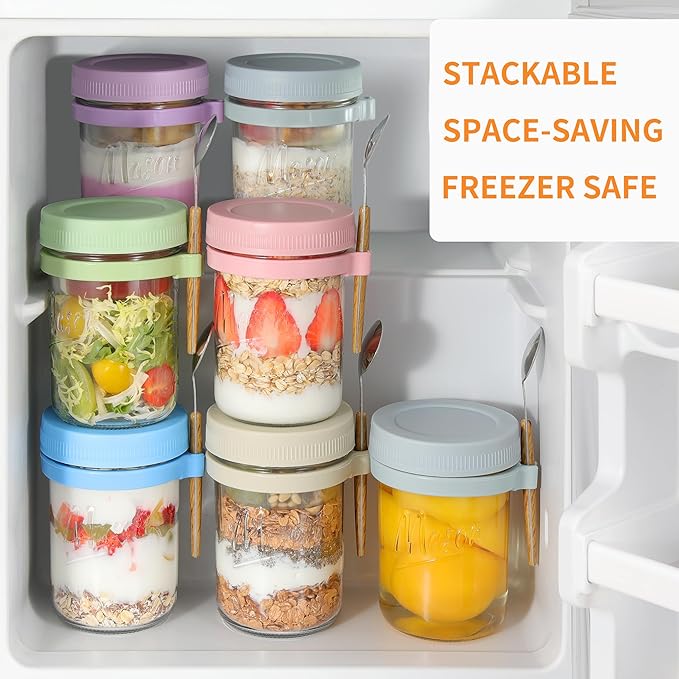 2 Pack Overnight Oats Containers with Lids and Spoons, 16 oz Mason Jars with Removable Separate Compartments, Airtight and Leak-Proof Glass Jars for Chia Pudding, Yogurt, and Oatmeal