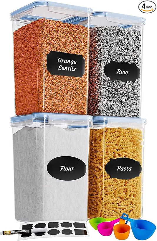 Chef's Path Extra Large Airtight Food Storage Containers with Blue Lid Color, Pack of 6, Kitchen and Pantry Canisters for Flour, Sugar, and Baking Supplies, Includes Measuring Spoons, Labels, and Pen