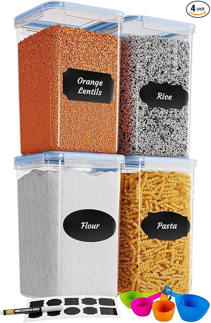Chef's Path Extra Large Airtight Food Storage Containers with Blue Lid Color, Pack of 6, Kitchen and Pantry Canisters for Flour, Sugar, and Baking Supplies, Includes Measuring Spoons, Labels, and Pen