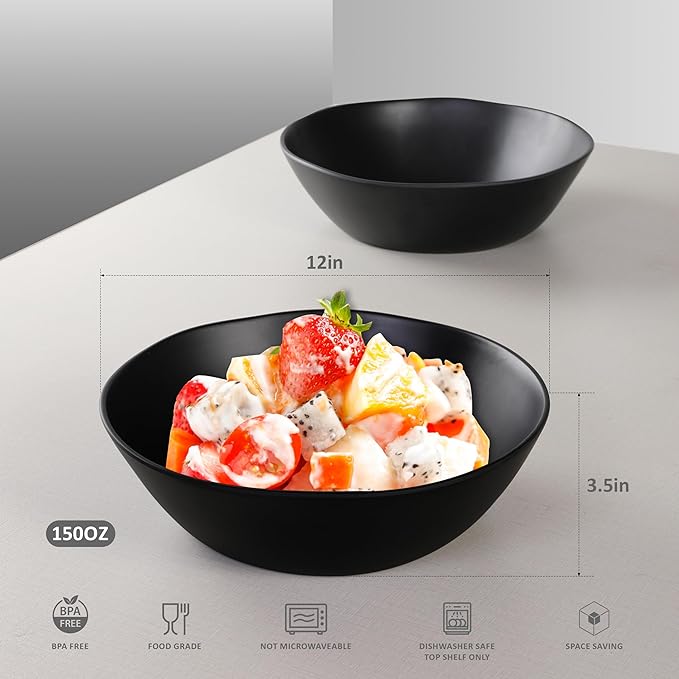 Melamine Large Salad Bowls, 12'' Unbreakable Serving Bowls for Salads, Fruits, Pasta Entertaining, Dinner Parties, Dishwasher Safe bowls, BPA-free, Set of 2, Matte black