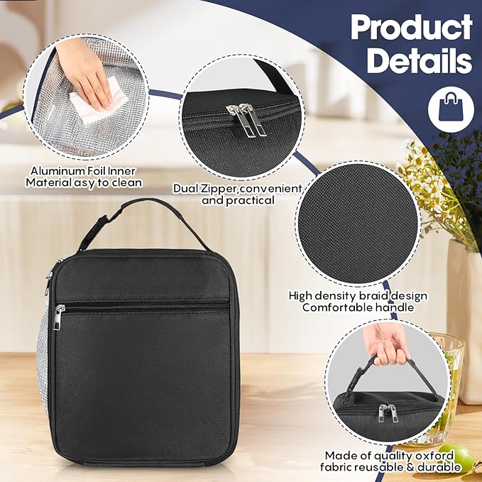 12 Pack lunch box Bulk,Insulated Reusable Lunch Bags with Aluminum for Women Men Girls,Leakproof lunch boxes,Small Lunch Tote Bag for Office,Work,Beach or Travel,Black