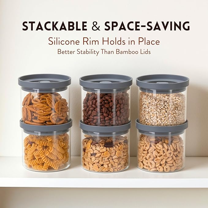 Glass Airtight Canisters with Silicone Lids – BPA-Free Borosilicate Containers for Food Prep, Storage, Wet or Dry Foods, Pasta, Rice, Flour, Tea, Herbs, Snacks – Set of 6 (17.5 oz)
