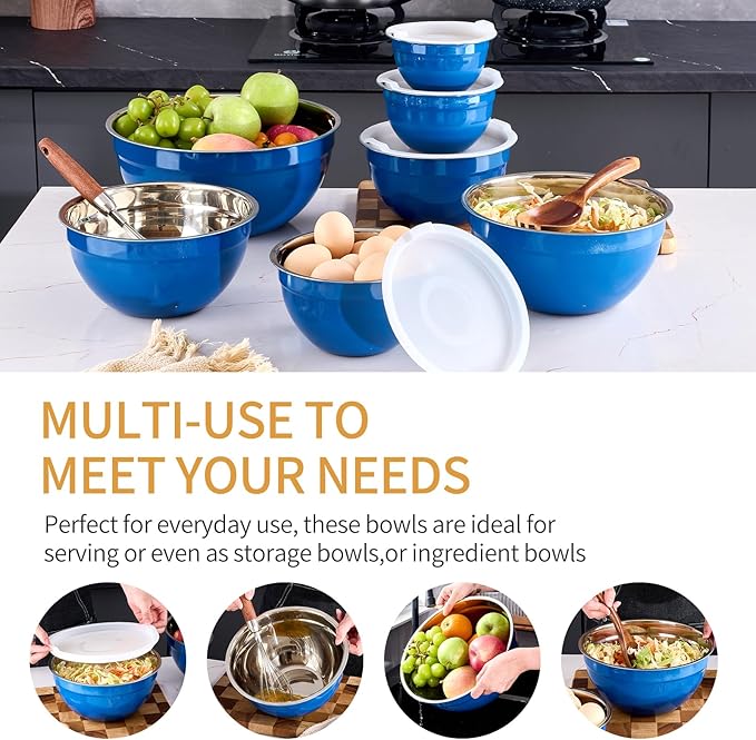 Blue Mixing Bowls With Airtight Lids,Stainless Steel Bowl,Salad Bowls 7 Piece Colorful Nesting Bowl Rainbow Kitchen Accessories,Size 7,3.6,2.7,2.1,1.5,1.1,0.8QT Stackable Design