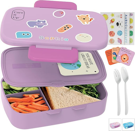 Kids Bento Lunch Box For Boys and Girls With Free Cutlery Set, 6 Sticker Sheets (5+ Years) and Parent Cards - 880 ML Leakproof 3 Compartment Lunch Box for kids, Portion Control Bento Box Kids - Lilac