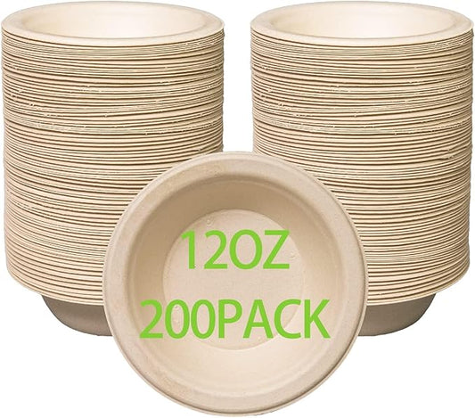 12 oz Compostable Paper Bowls 200pack Heavy-Duty Eco-Friendly Bulk Pack Disposable Bowls Biodegradable Made of Sugar Cane Fibers, Hot or Cold Use