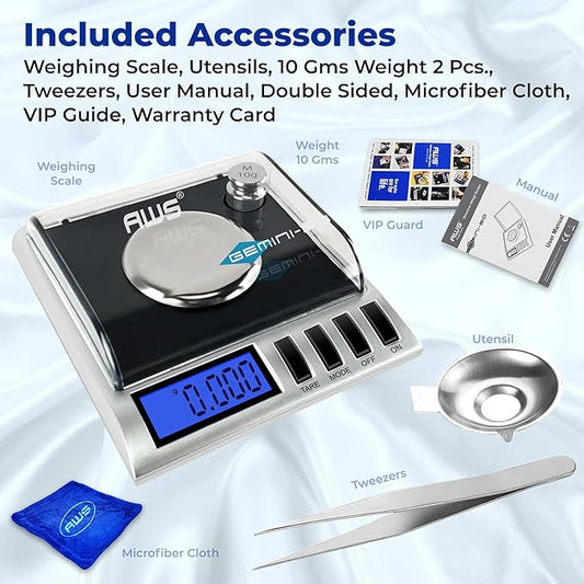 AWS Gemini-20 Milligram Scale 20g x 0.001g – Digital Jewelry/Lab Scale for Powder, Gold, Gems – Includes Calibration Weights, Tweezers & Tray – Tare, Cal, 6 Units, Pocket Size Mg Scale (Black)